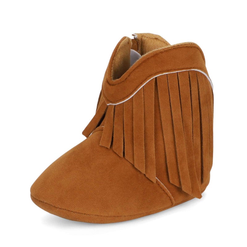 ESTAMICO Baby Girls Cowboy Tassel Boots Side Zipper Non Slip Infant/Toddler Shoes, Brown 12-18 Months